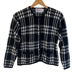 Tally Ho Vintage Black and White Houndstooth Cardigan Sweater Medium 80s Classic